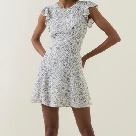 Reformation Idalia Open Back Floral Mini Dress Blue White Size 6 - Picture 1 of 8